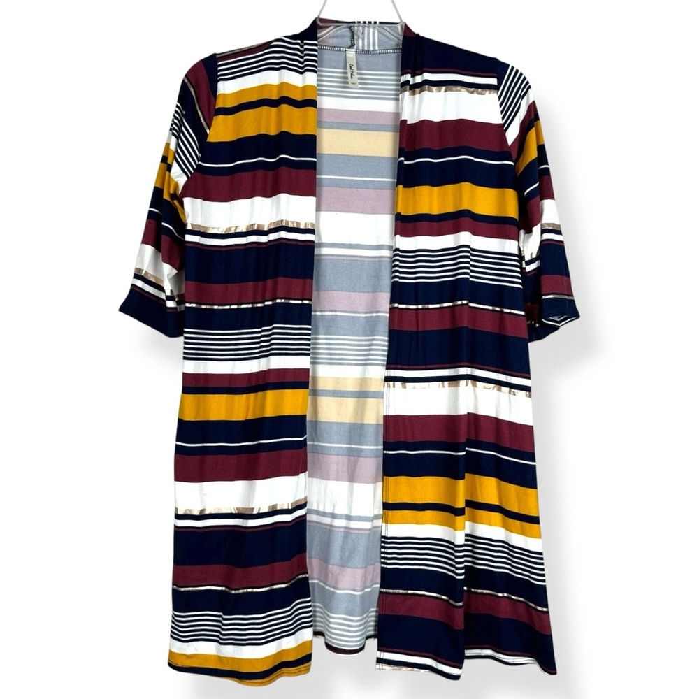 Cool Melon Open Front Cardigan Womens Size M Multicolor Striped 3/4 Sleeves